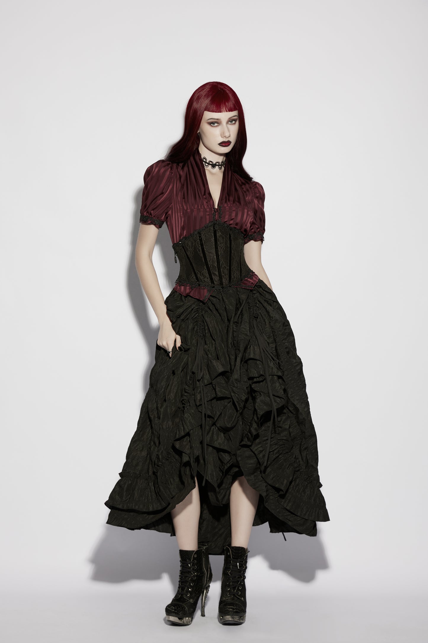 Punk Rave Isolde Gothic Underbust Corset - Lace & Velvet Waist Cincher Styled with maxi skirt