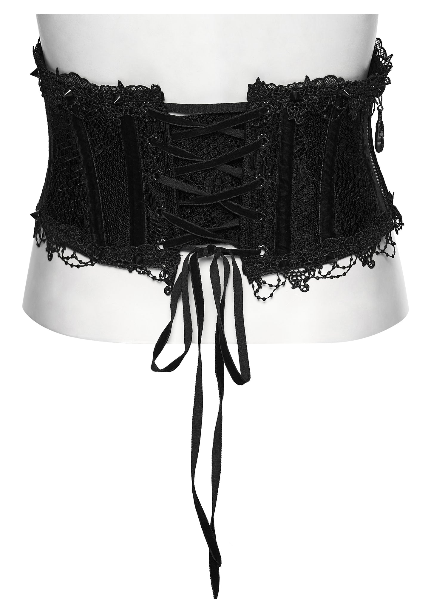Black lace corset belt on a mannequin against a white background