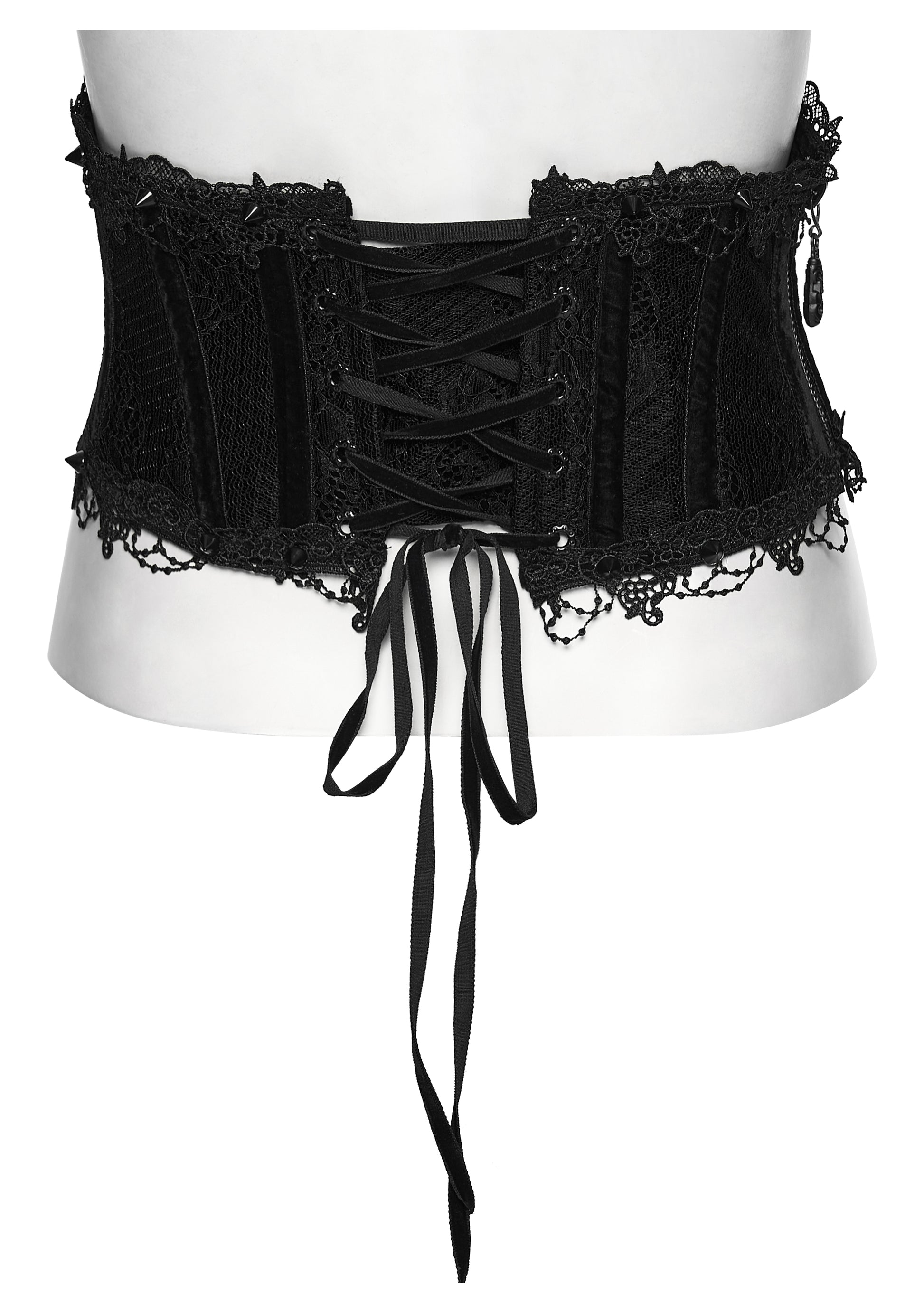 Black lace corset belt on a mannequin against a white background