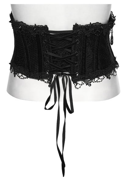 Black lace corset belt on a mannequin against a white background