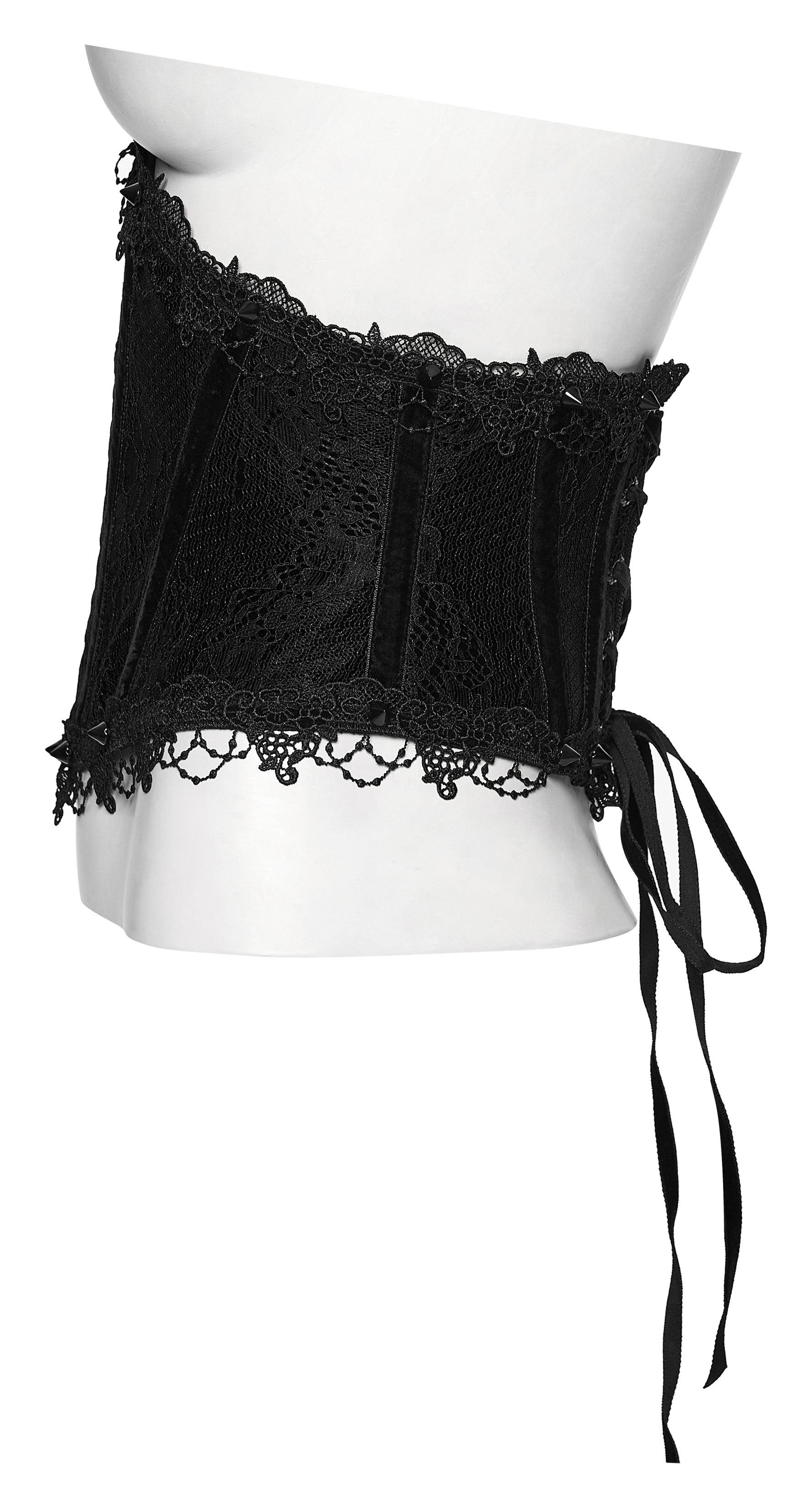 Black lace corset on a mannequin against a white background