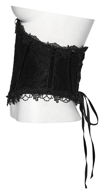 Black lace corset on a mannequin against a white background