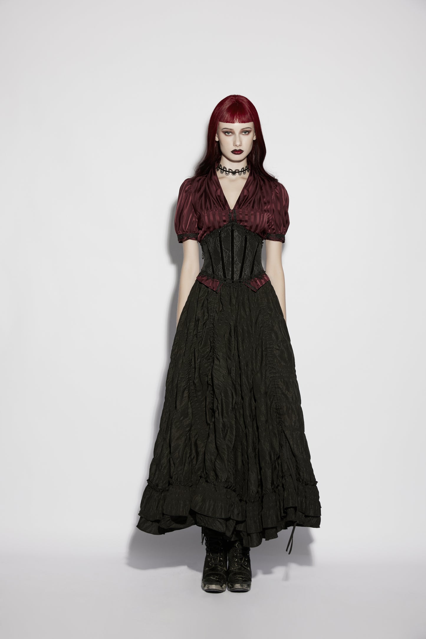 Punk Rave Isolde Gothic Underbust Corset - Lace & Velvet Waist Cincher Styled on a model
