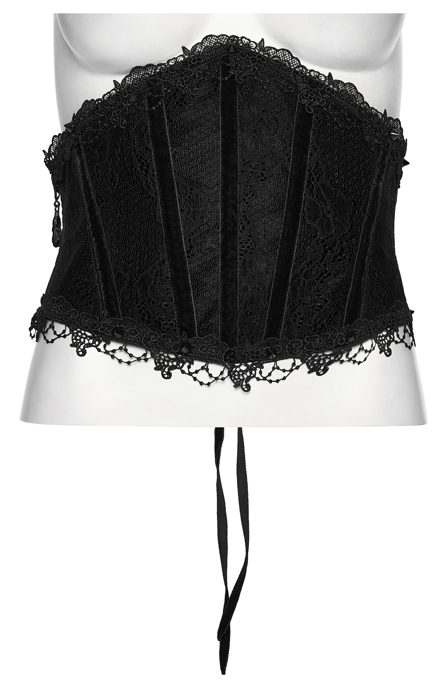 Black corset with lace details on a mannequin against a white background