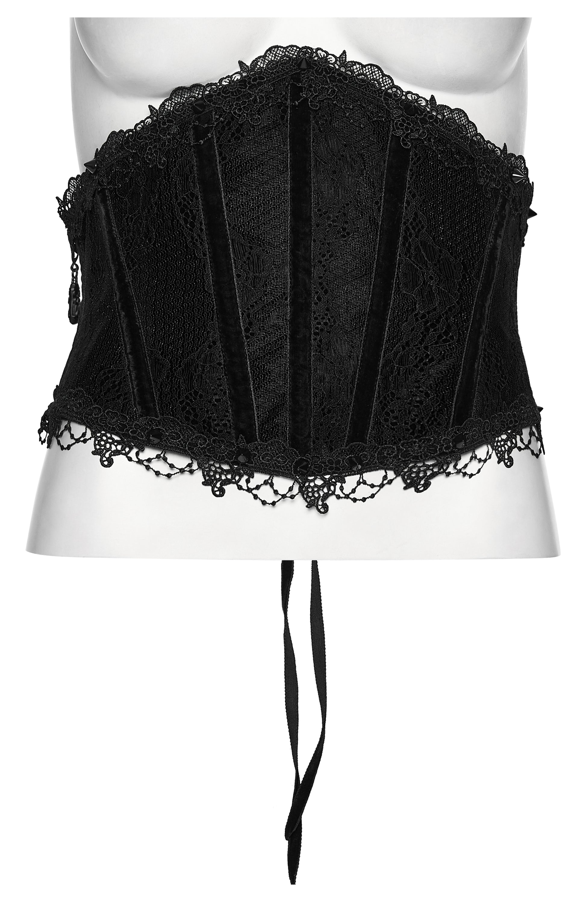Black corset with lace details on a mannequin against a white background