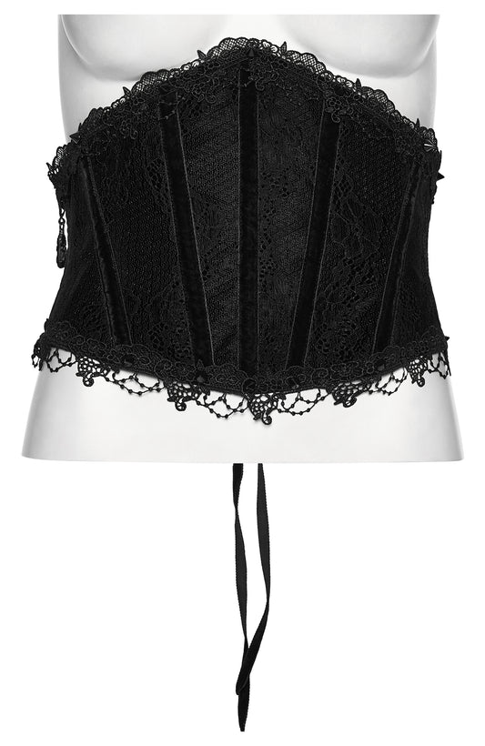 Black corset with lace details on a mannequin against a white background