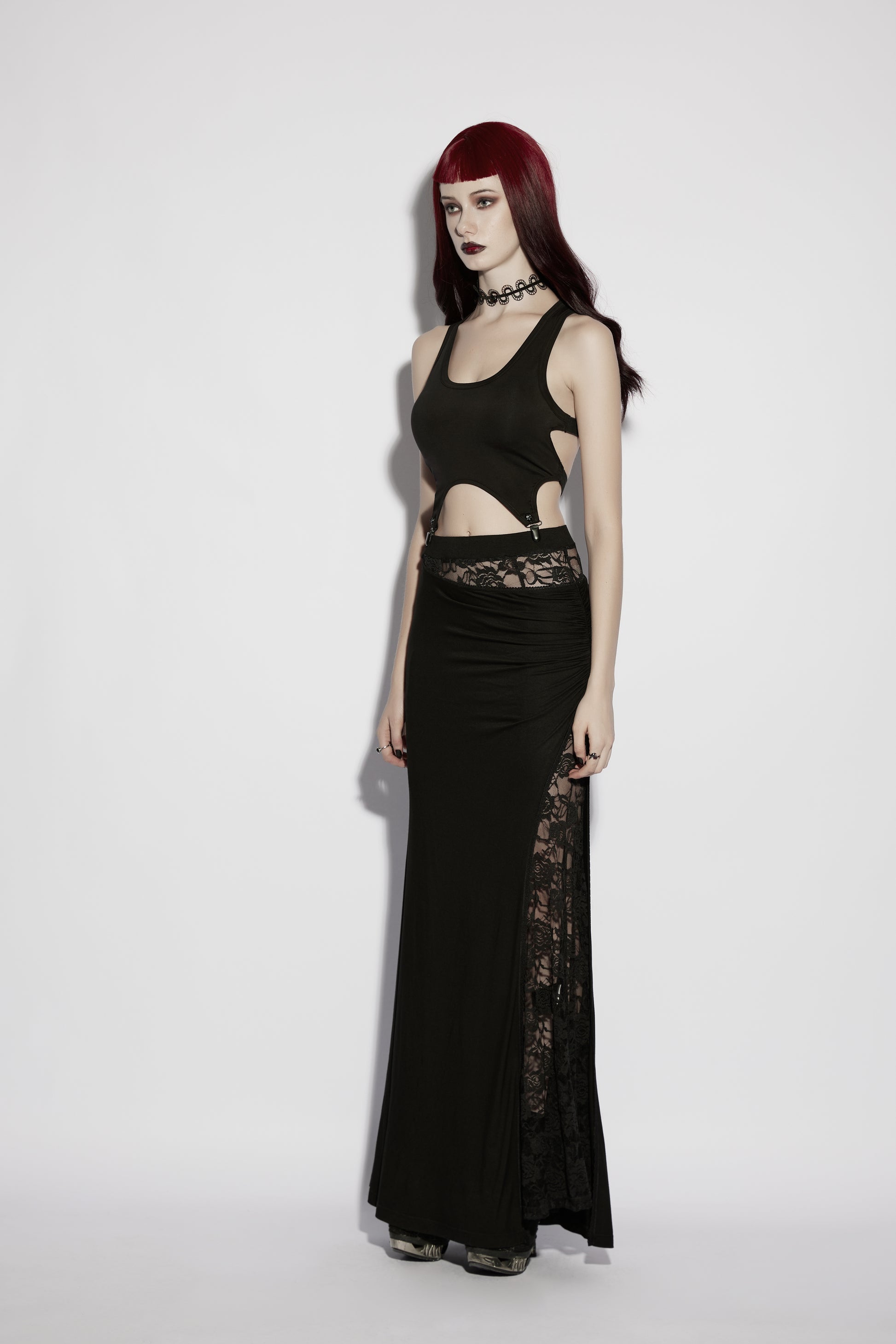 Gothic black maxi skirt with asymmetric floral lace insert - side view