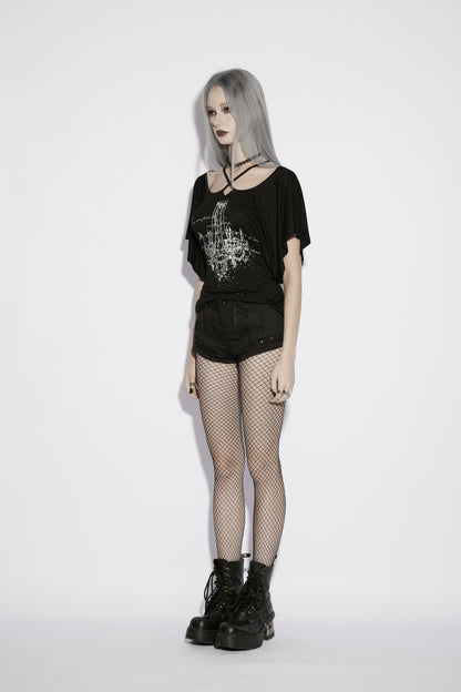Punk Rave Lenore Chandelier Batwing Graphic Print Goth T-Shirt styled on model
