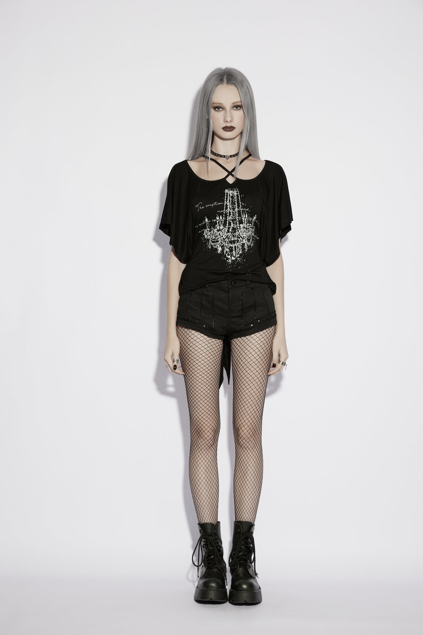 Punk Rave Lenore Chandelier Batwing Graphic Print Goth T-Shirt styled