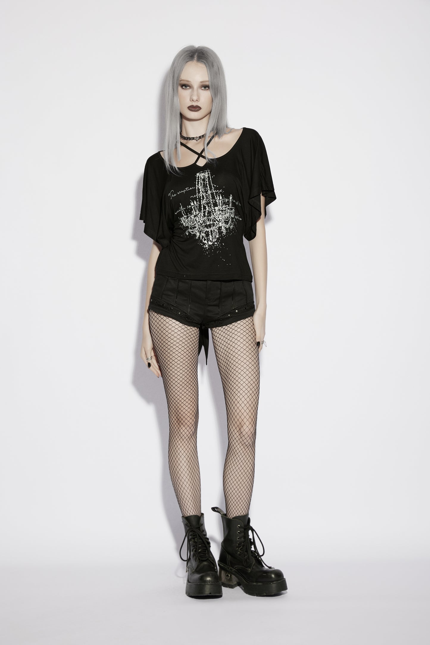 Punk Rave Lenore Chandelier Batwing Graphic Print Goth T-Shirt on model