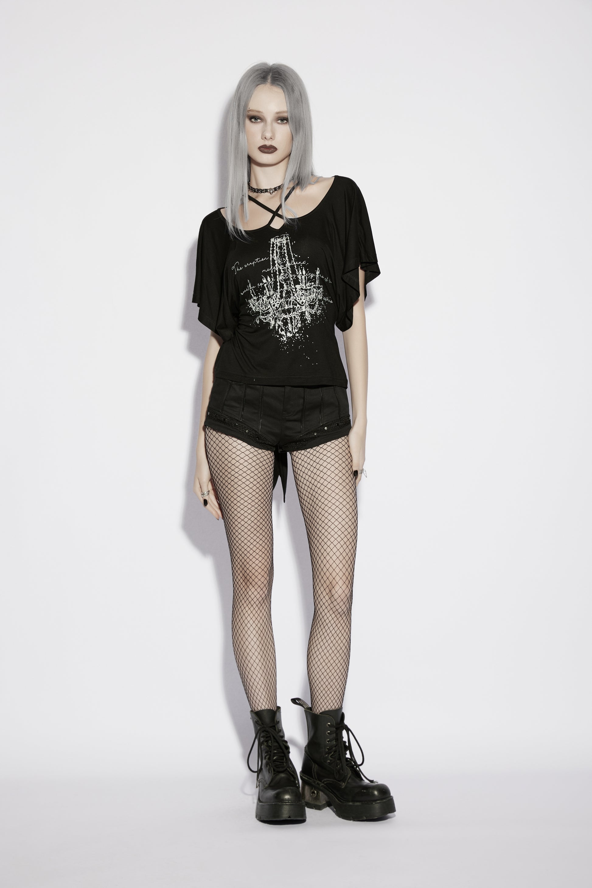 Punk Rave Lenore Chandelier Batwing Graphic Print Goth T-Shirt on model
