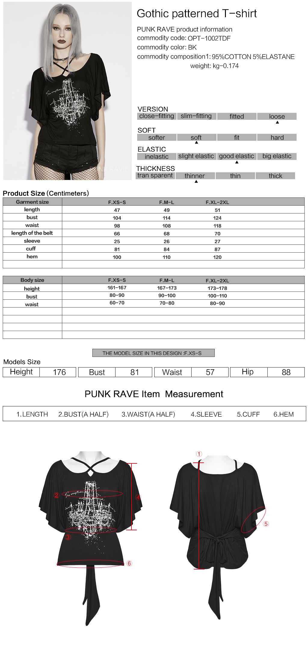 Punk Rave Lenore Chandelier Batwing Graphic Print Goth T-Shirt Size Chart