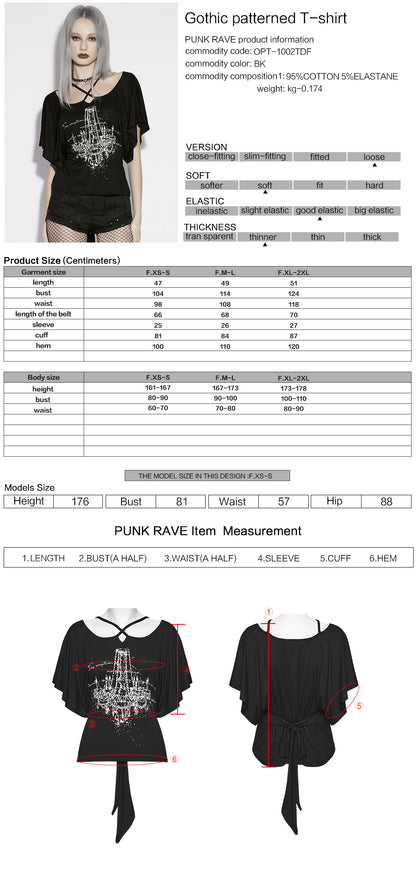 Punk Rave Lenore Chandelier Batwing Graphic Print Goth T-Shirt Size Chart