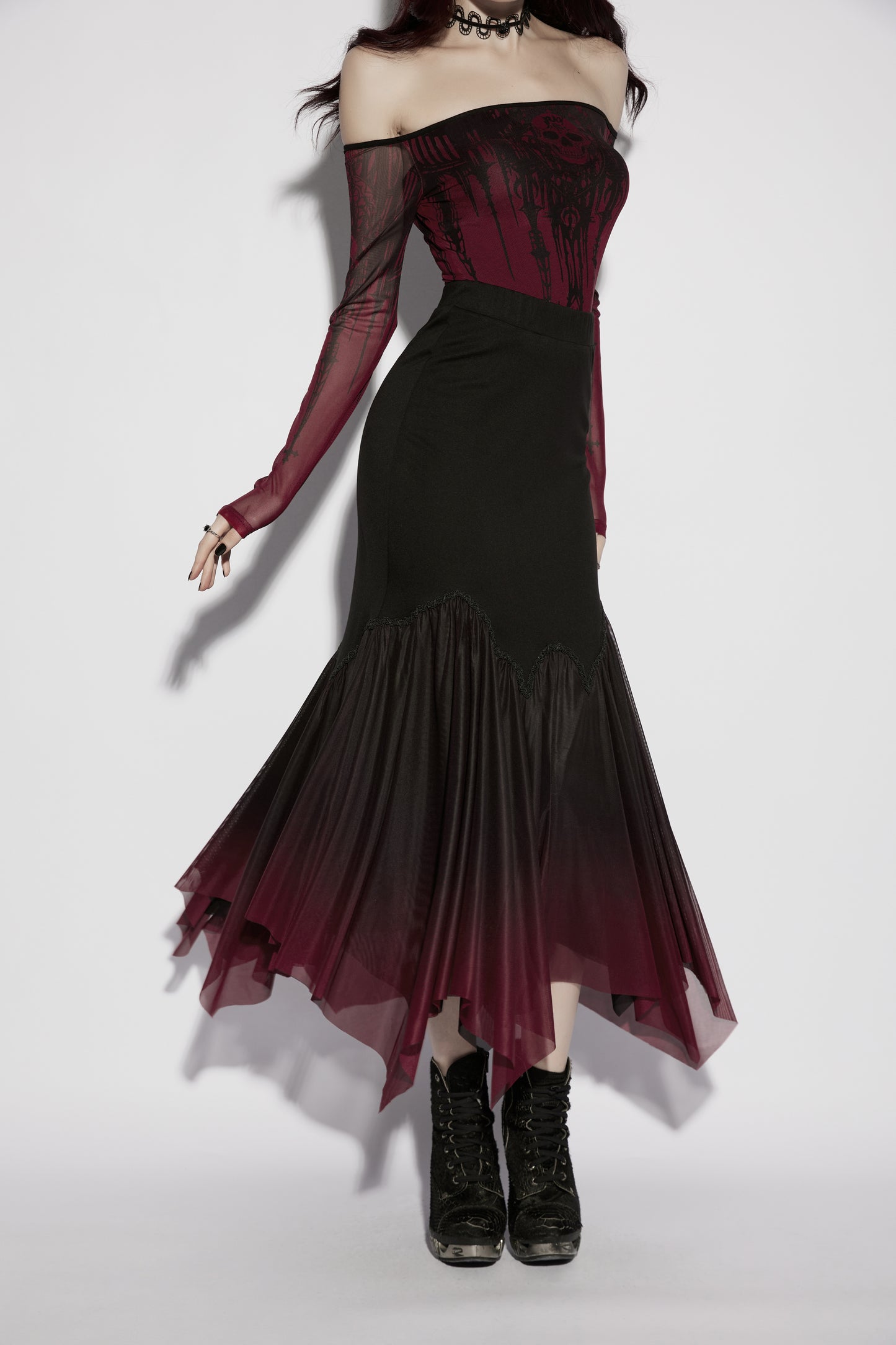 Punk Rave Lilith Goth Fishtail Skirt Black to Red Gradient