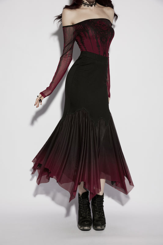 Punk Rave Lilith Goth Fishtail Skirt Black to Red Gradient