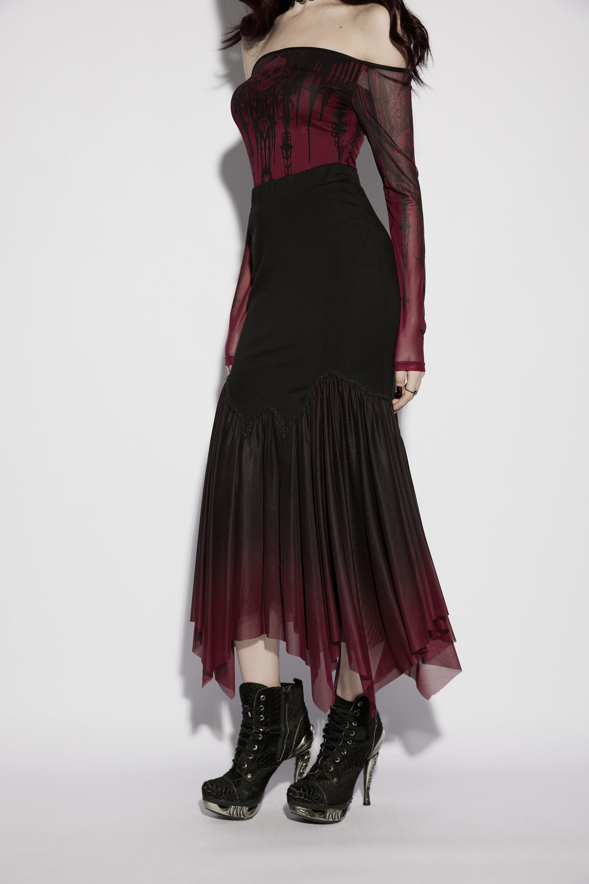 Punk Rave Lilith Gothic Fishtail Skirt Black to Red Gradient
