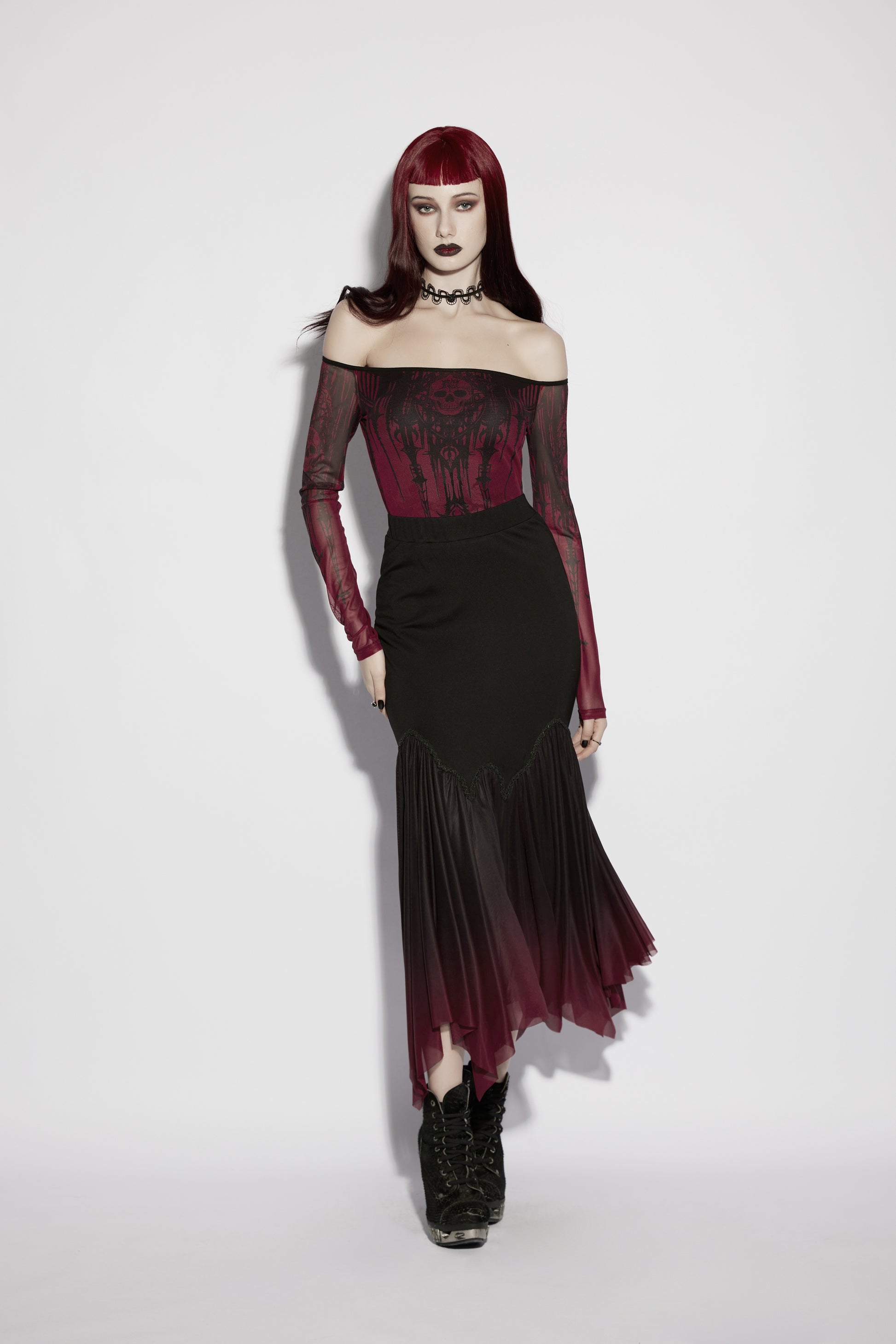 Punk Rave Lilith Goth Fishtail Skirt Black to Burgundy Gradient