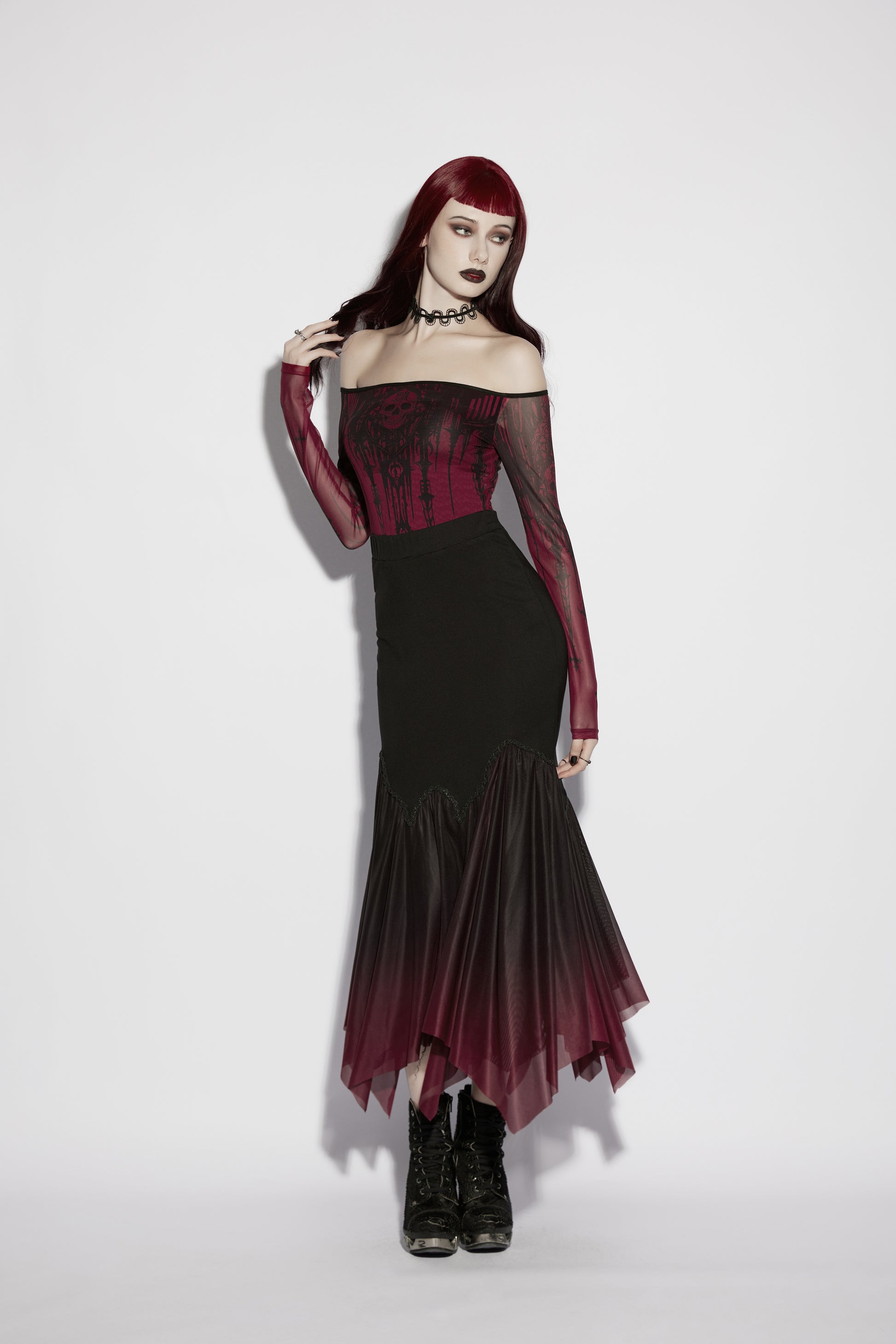 Punk Rave Lilith Goth Fishtail Skirt Black to Red Gradient styled on model