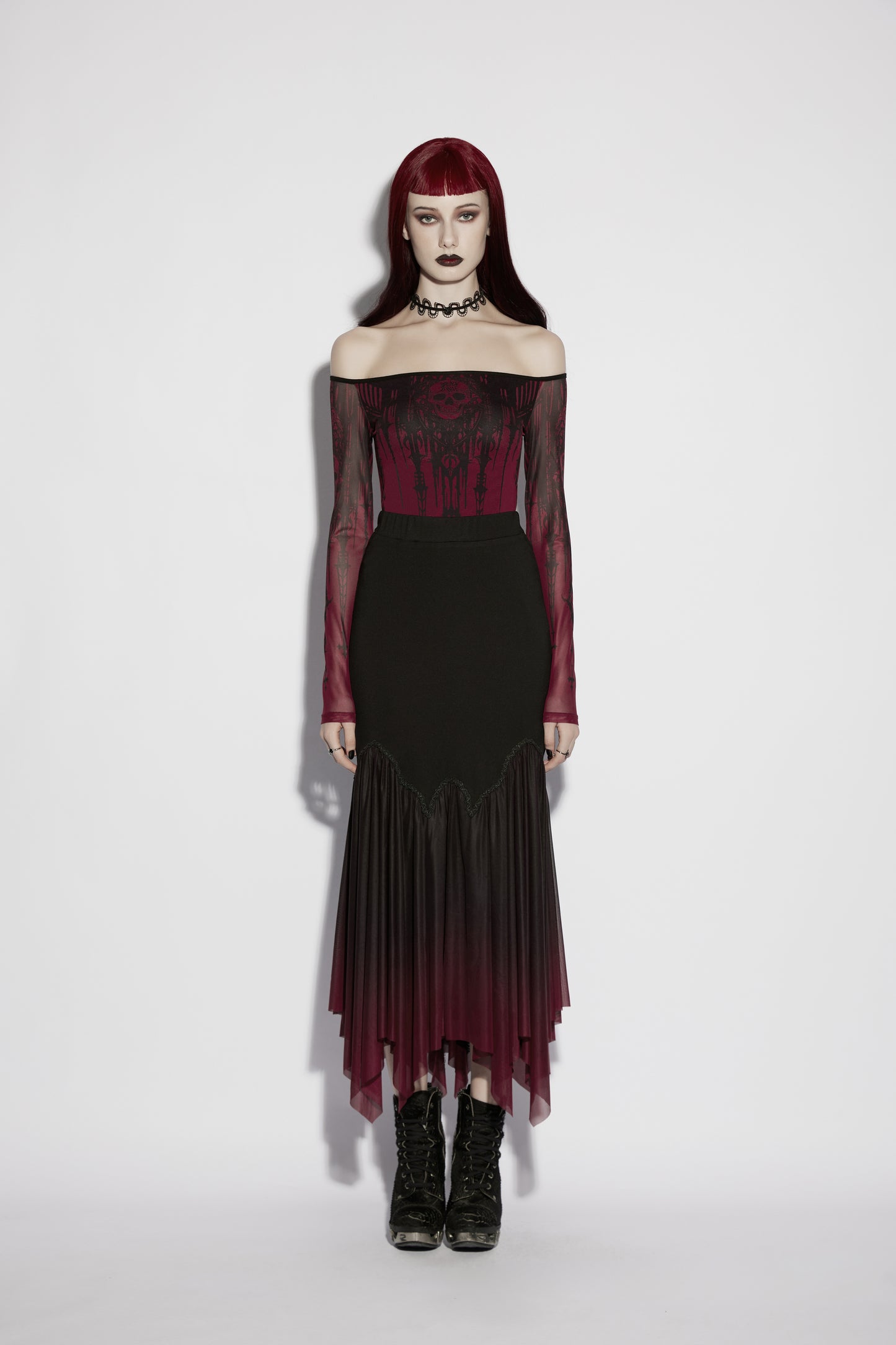 Punk Rave Lilith Gothic Fishtail Skirt Black to Red Gradient
