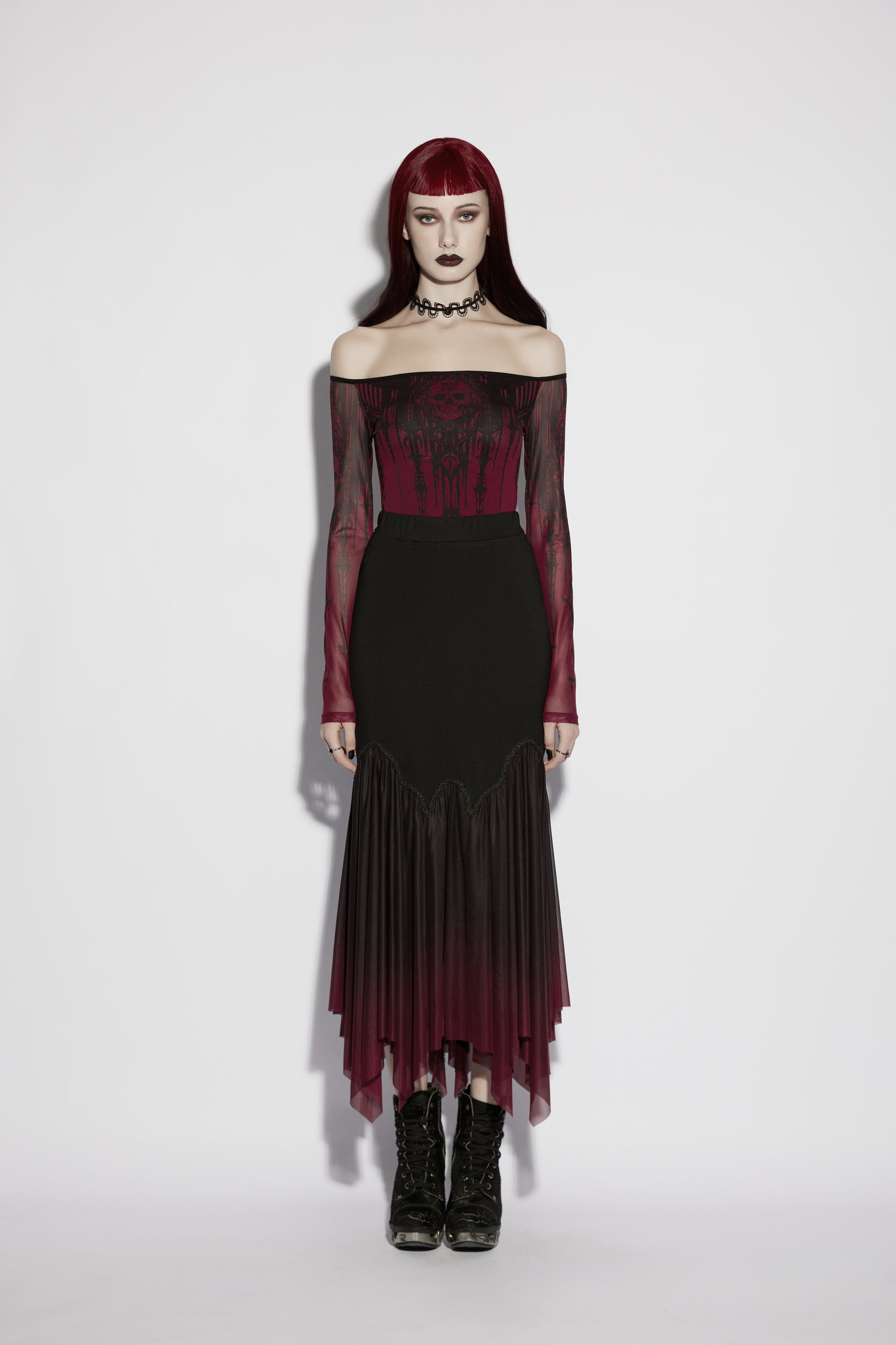Punk Rave Lilith Gothic Fishtail Skirt Black to Red Gradient