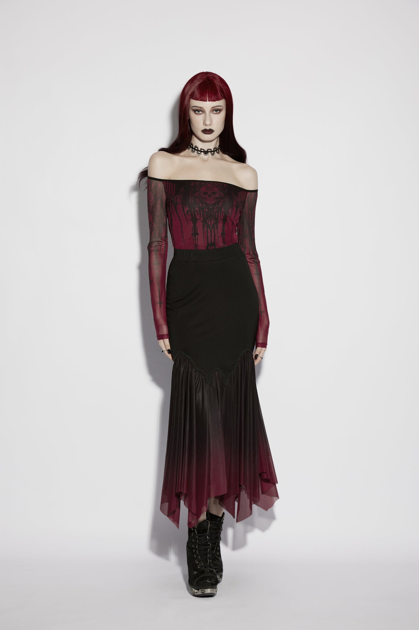 Punk Rave Lilith Goth Fishtail Skirt Black to Blood Red Gradient