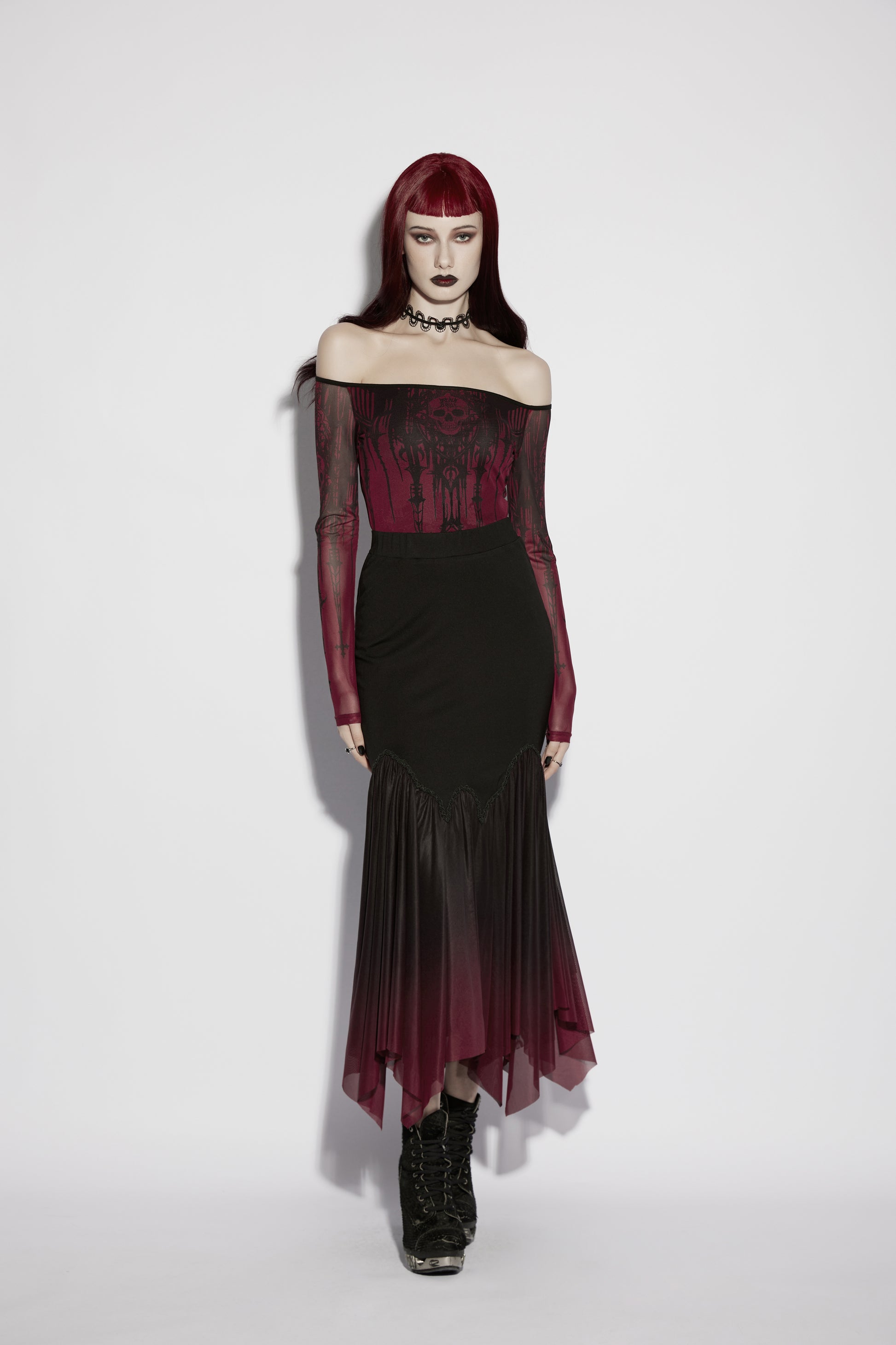 Punk Rave Lilith Goth Fishtail Skirt Black to Blood Red Gradient