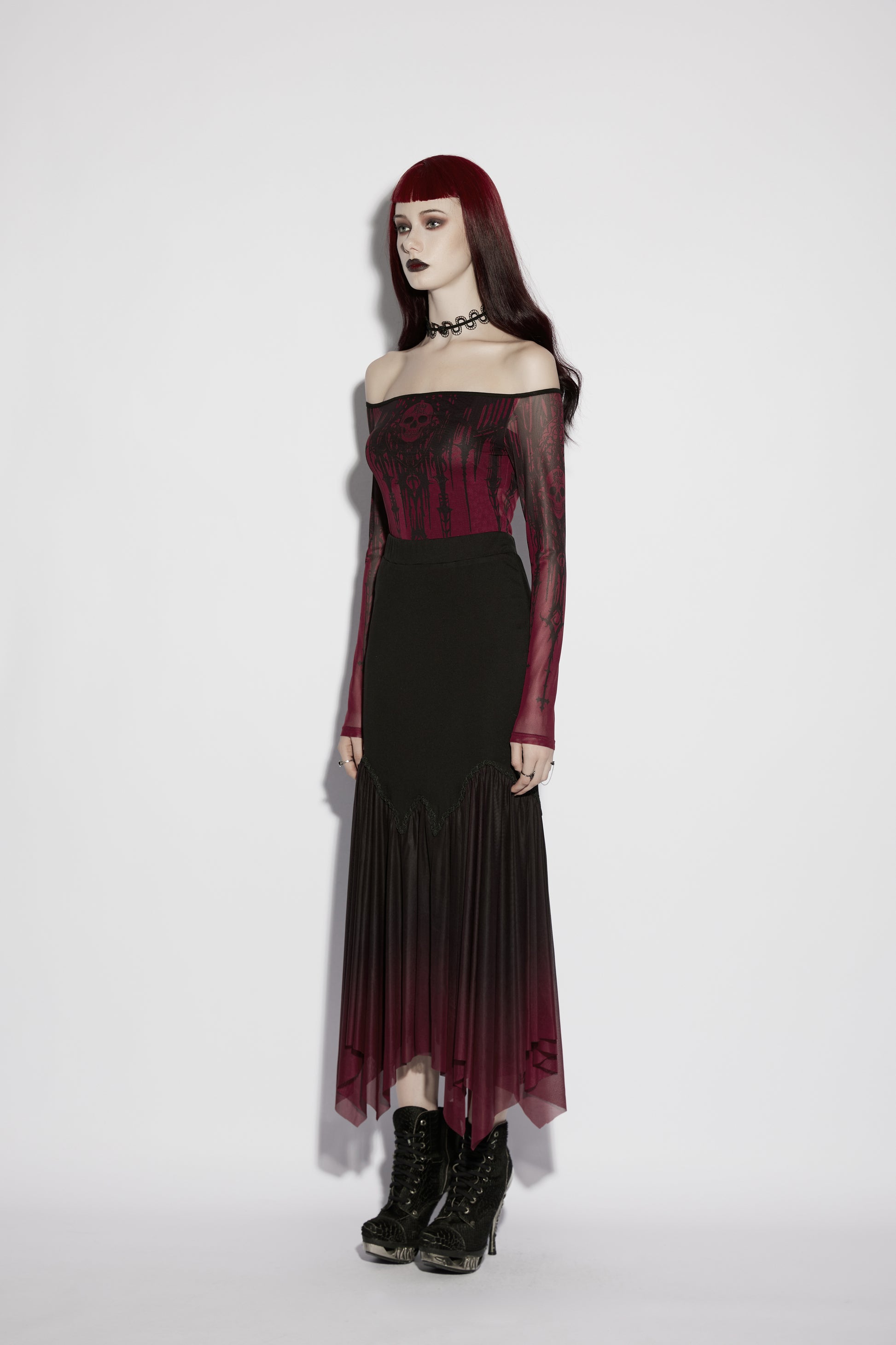 Punk Rave Lilith Goth Fishtail Skirt Black to Red Gradient side view