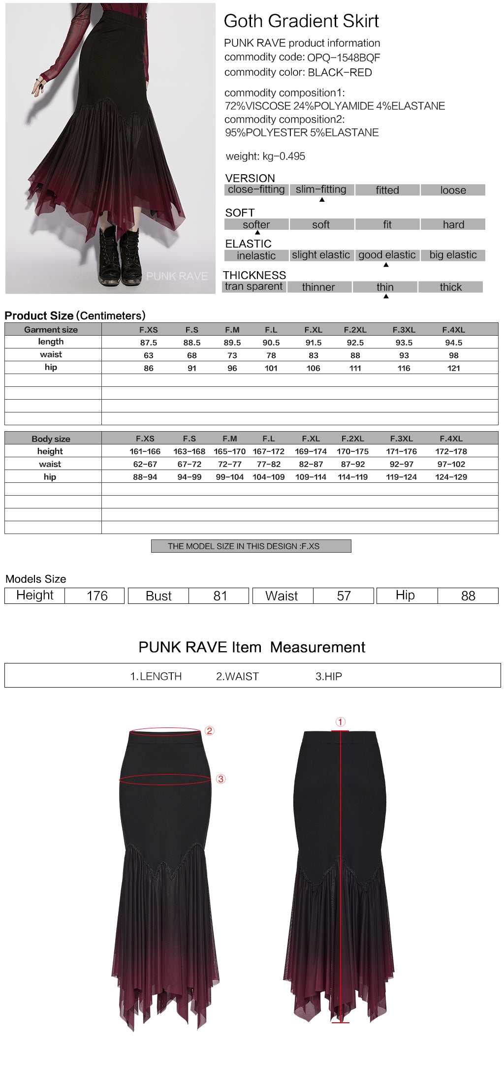 Punk Rave Lilith Goth Fishtail Skirt Black to Red Gradient size chart