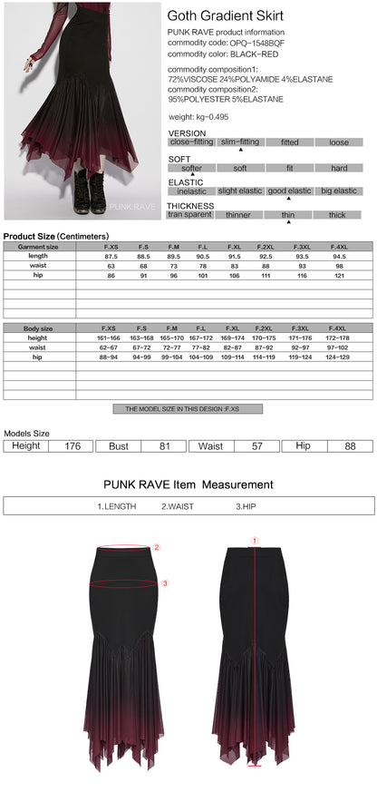 Punk Rave Lilith Goth Fishtail Skirt Black to Red Gradient size chart