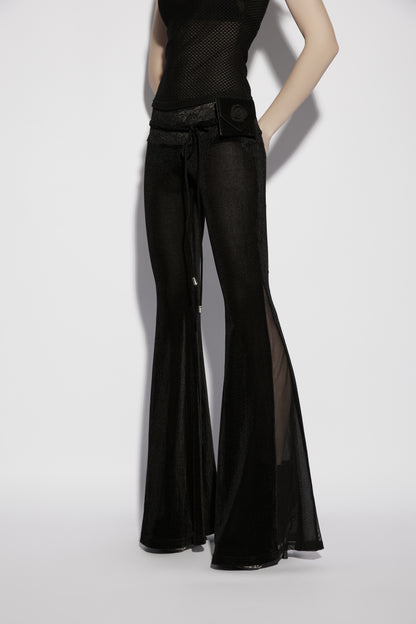 Punk Rave Lilith Low Waist Flared Pants displayed on a mannequin, showcasing the sheer fabric and flared design.