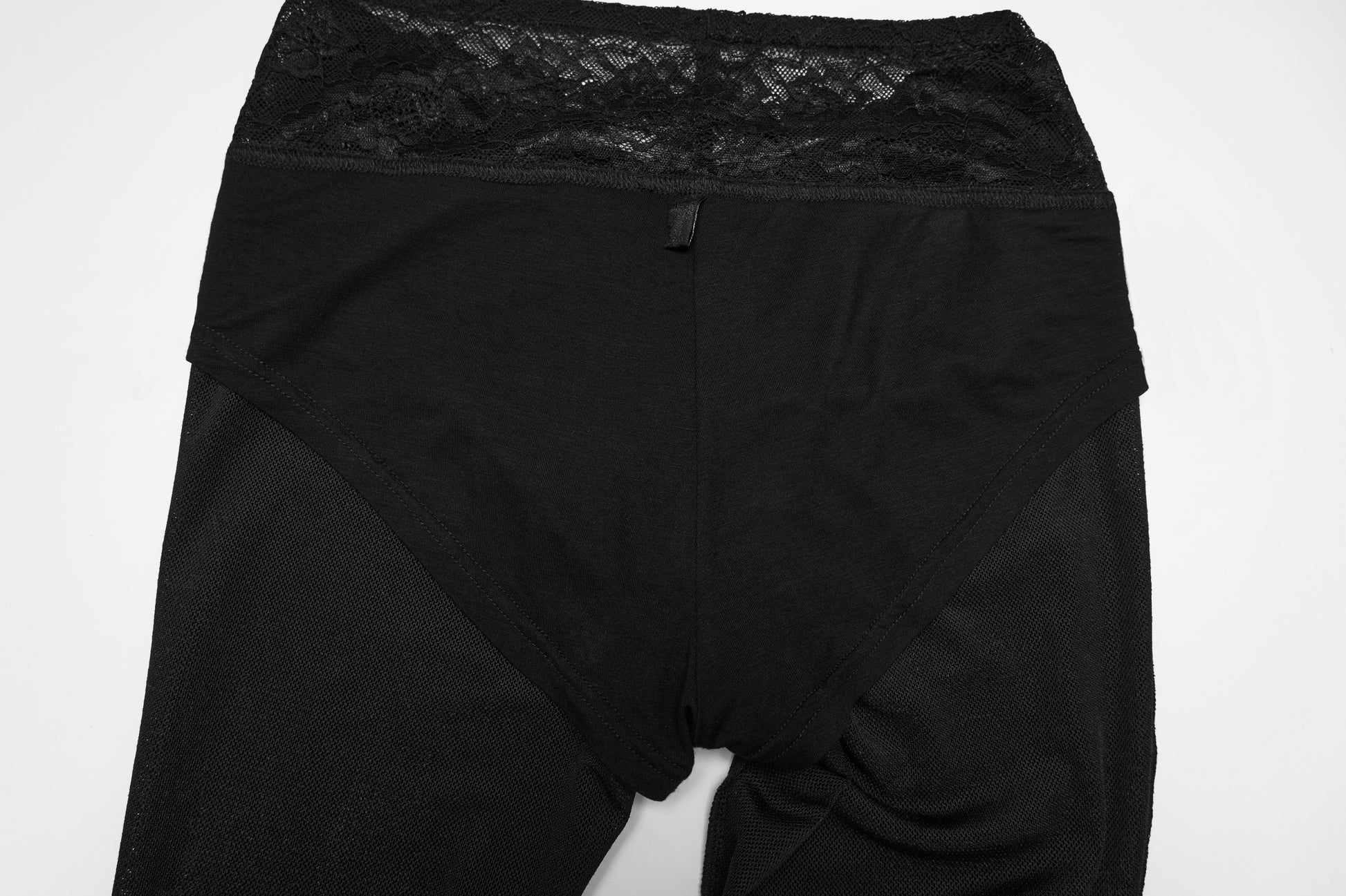 Punk Rave Lilith Low Waist Flared Pants showcasing a black lace waist and sleek material.