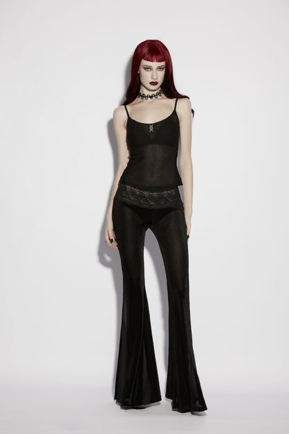 Punk Rave Lilith Low Waist Flared Pants worn by a model with red hair, showcasing a dark goth aesthetic.