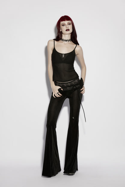 Model wearing Punk Rave Lilith Low Waist Flared Pants, showcasing an edgy gothic style with a dramatic silhouette.
