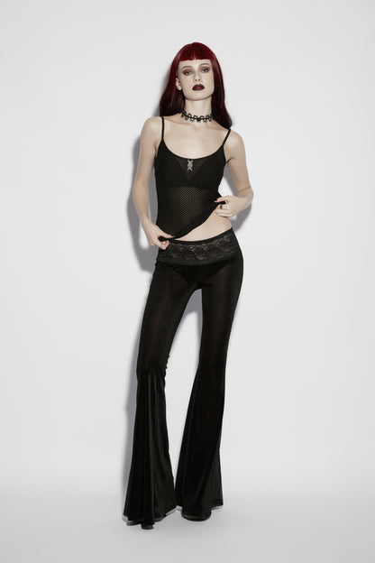 Model wearing Punk Rave Lilith Low Waist Flared Pants with a sheer top, showcasing bold alternative fashion.