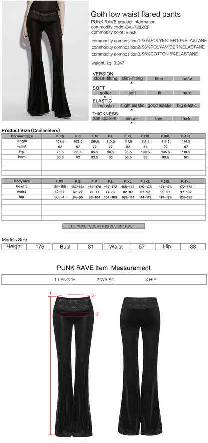 Product image showing Punk Rave Lilith Low Waist Flared Pants with detailed size measurements and fabric composition.