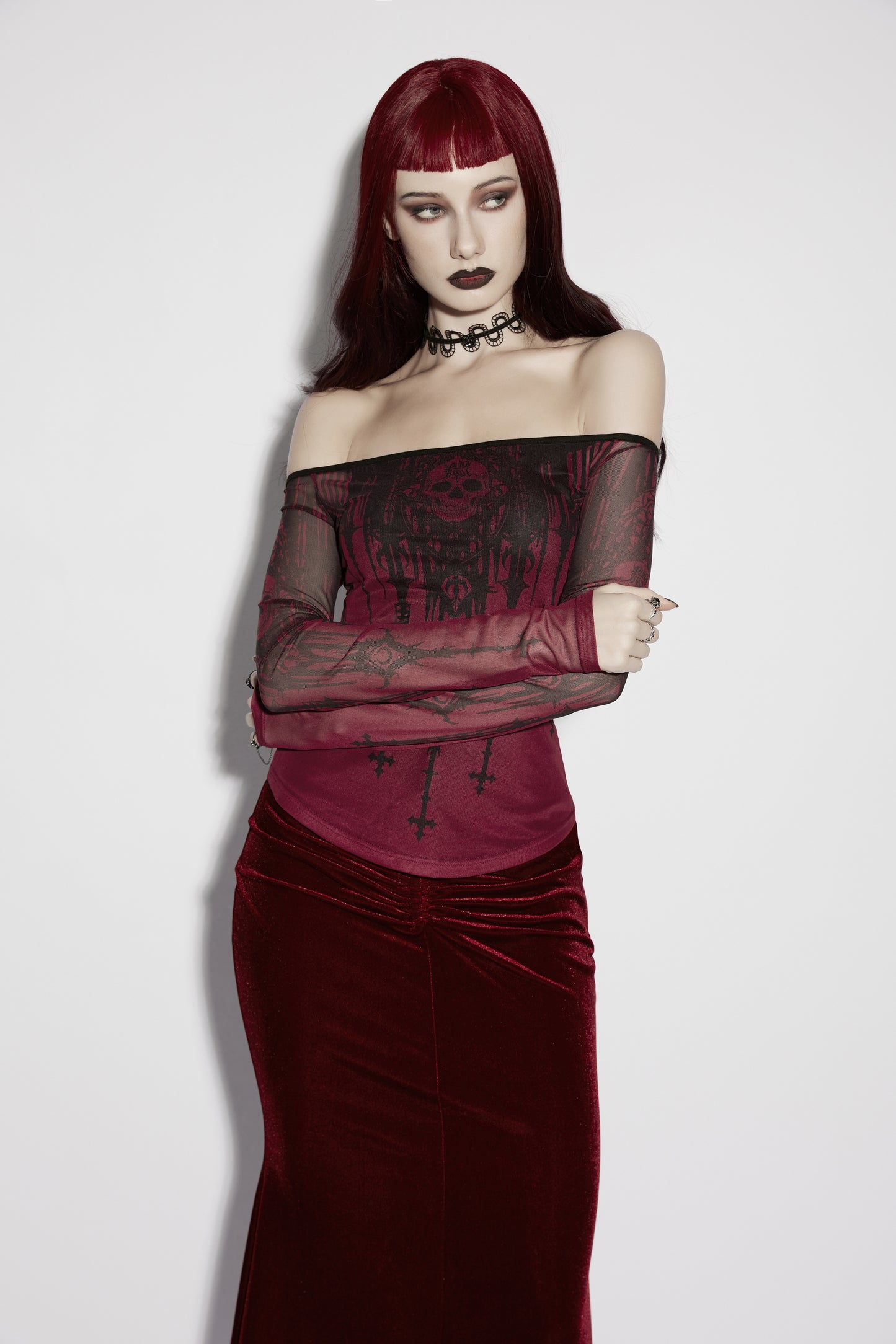 Punk Rave Morella Church Skull Blouse - Wine Red Mesh Off-Shoulder Top