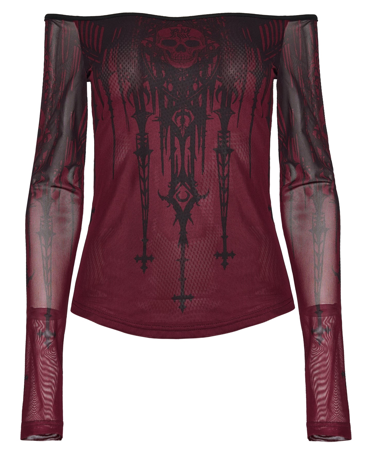 Red long-sleeve top with black intricate design on a white background