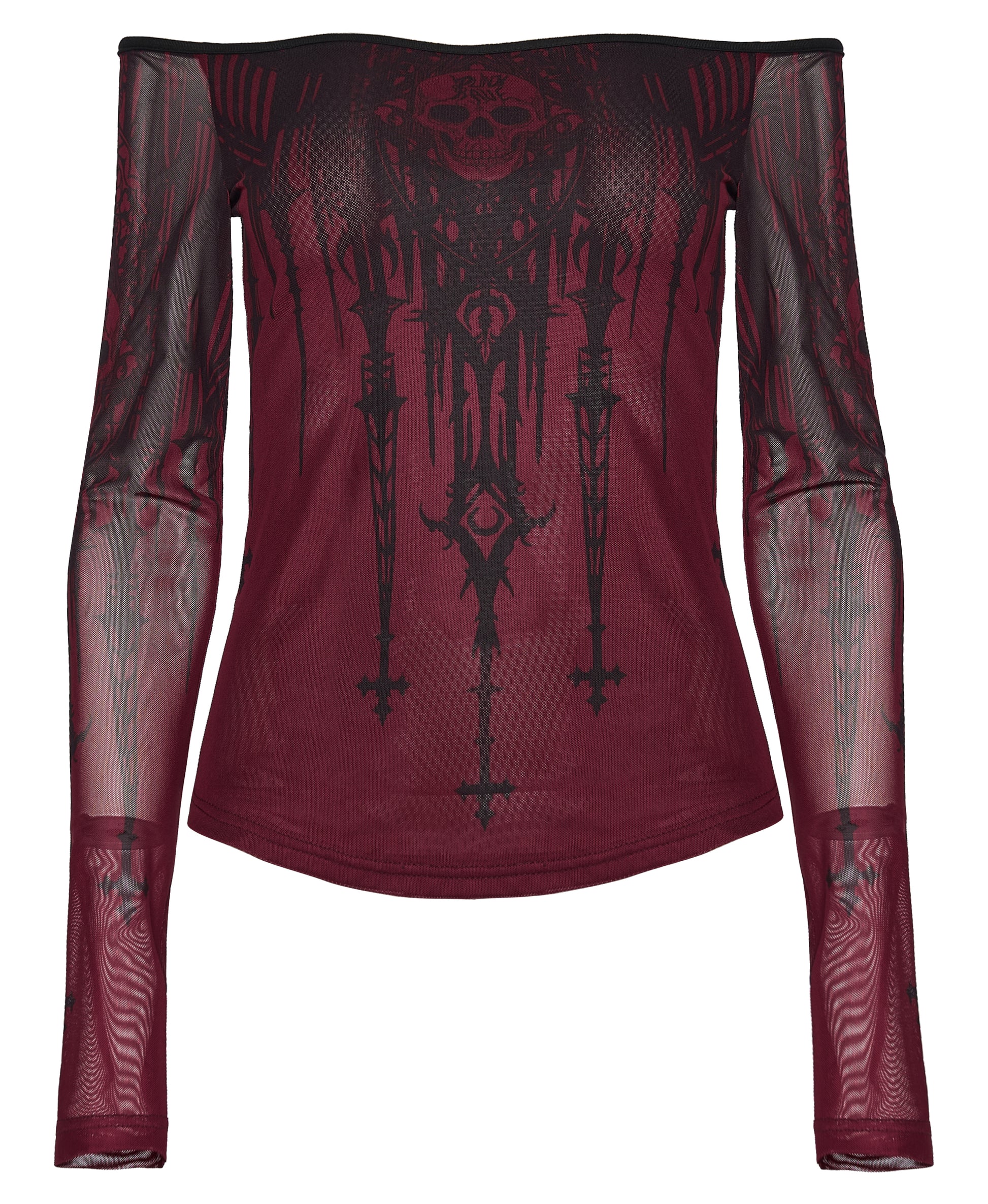 Red long-sleeve top with black intricate design on a white background