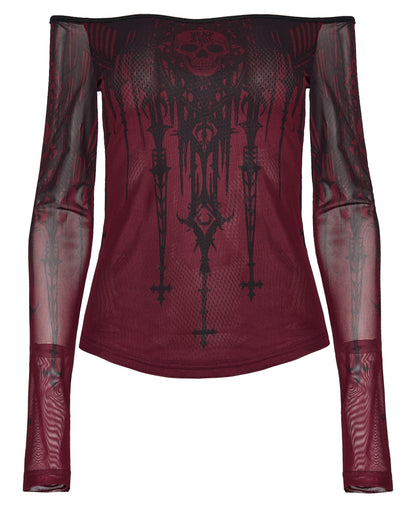 Red long-sleeve top with black intricate design on a white background