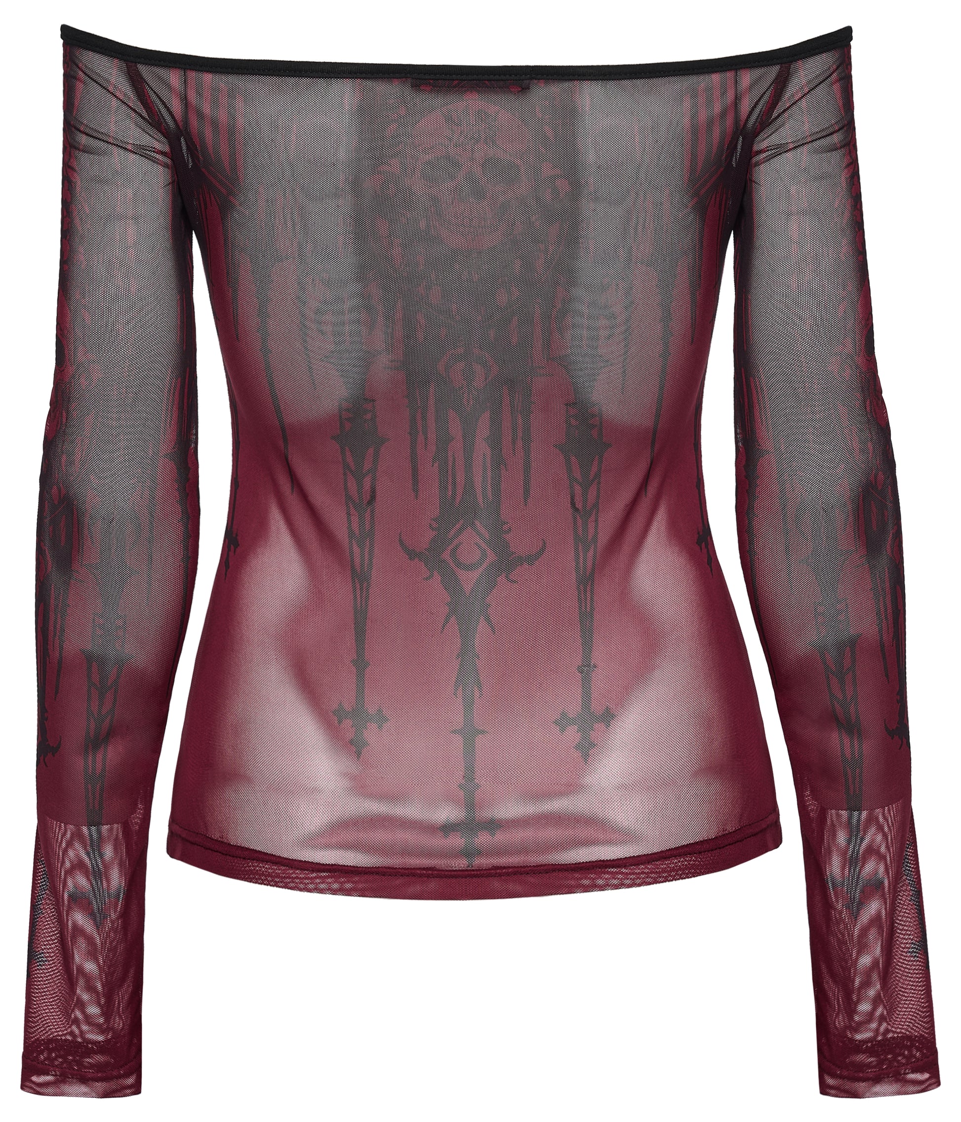 Red sheer long-sleeve top with black intricate designs on a white background