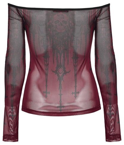 Red sheer long-sleeve top with black intricate designs on a white background
