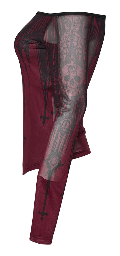 Red sheer pants with black lace and skeleton design on a white background