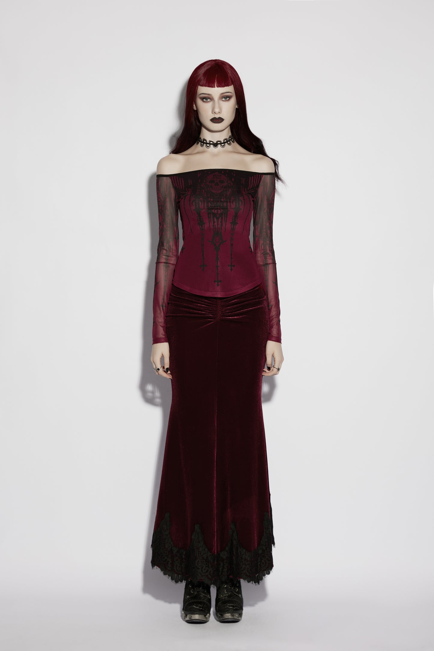 Punk Rave Morella Church Skull Blouse - Wine Red Mesh Off-Shoulder Top on a model