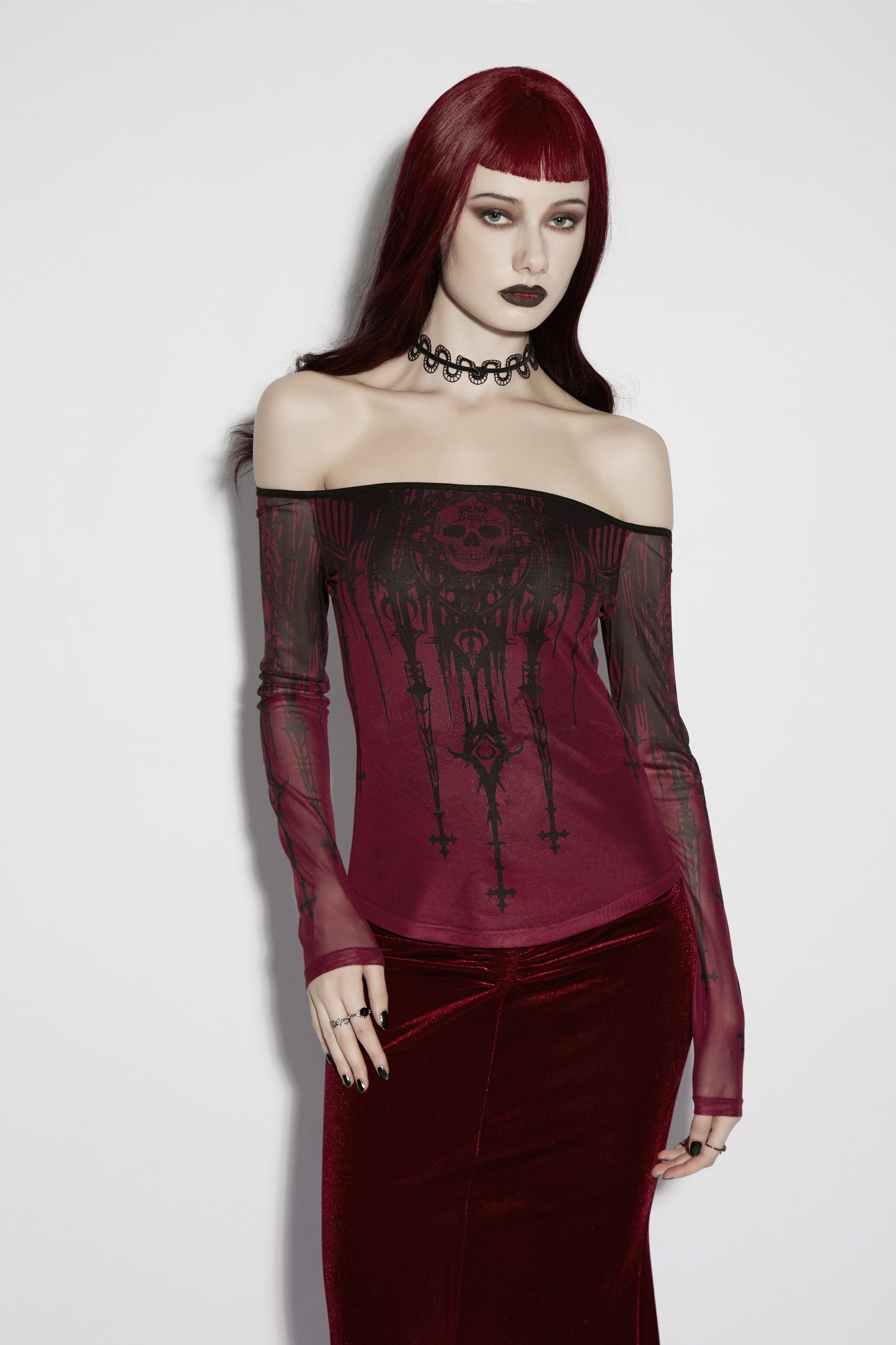 Punk Rave Morella Church Skull Blouse - Wine Red Mesh Off-Shoulder Top closeup
