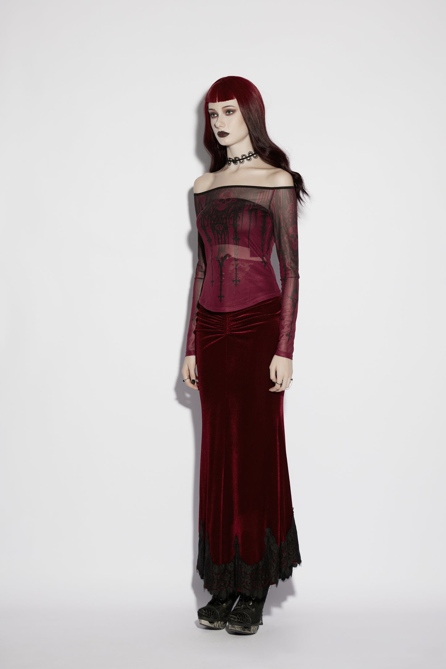 Punk Rave Morella Church Skull Blouse - Wine Red Mesh Off-Shoulder Top side view on a model