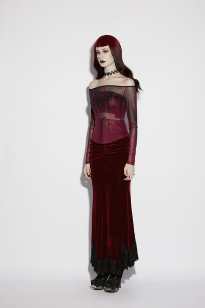 Punk Rave Morella Church Skull Blouse - Wine Red Mesh Off-Shoulder Top side view on a model
