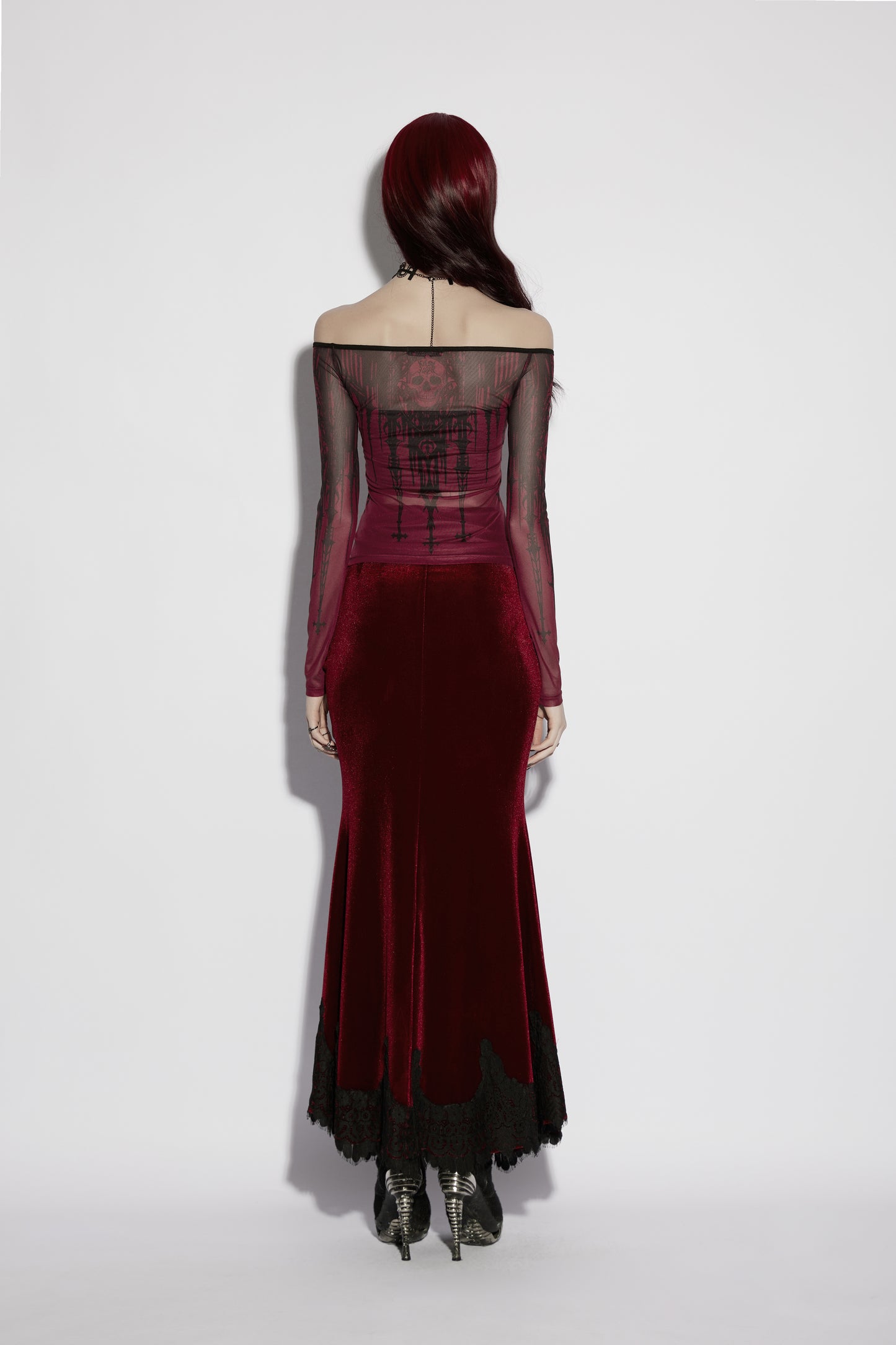 Punk Rave Morella Church Skull Blouse - Wine Red Mesh Off-Shoulder Top back view