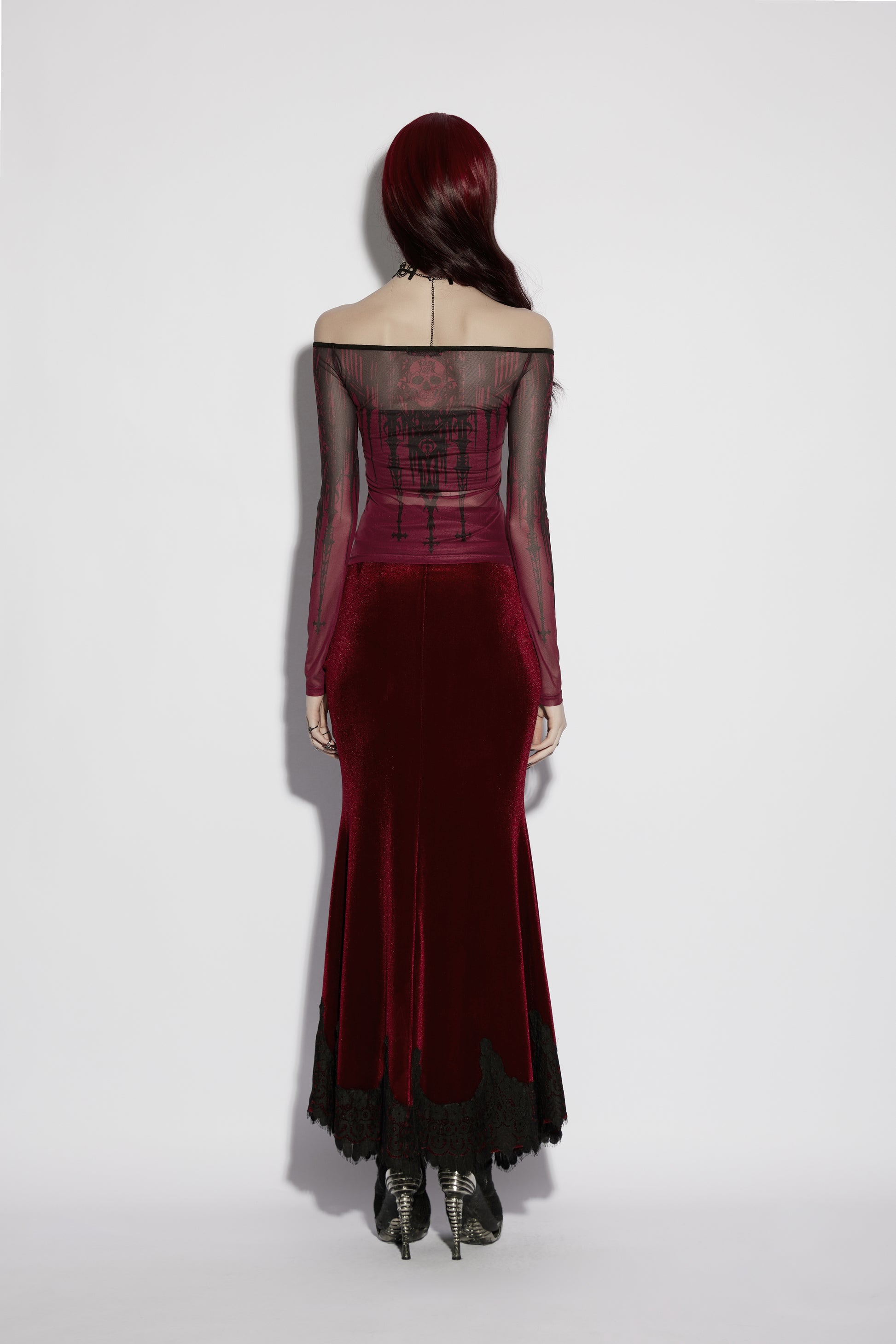 Punk Rave Morella Church Skull Blouse - Wine Red Mesh Off-Shoulder Top back view