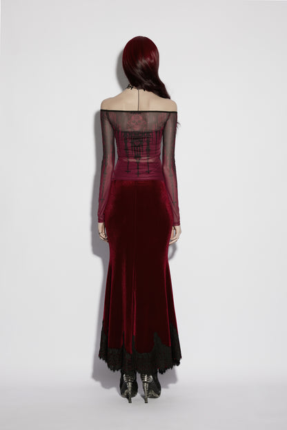 Punk Rave Morella Church Skull Blouse - Wine Red Mesh Off-Shoulder Top back view