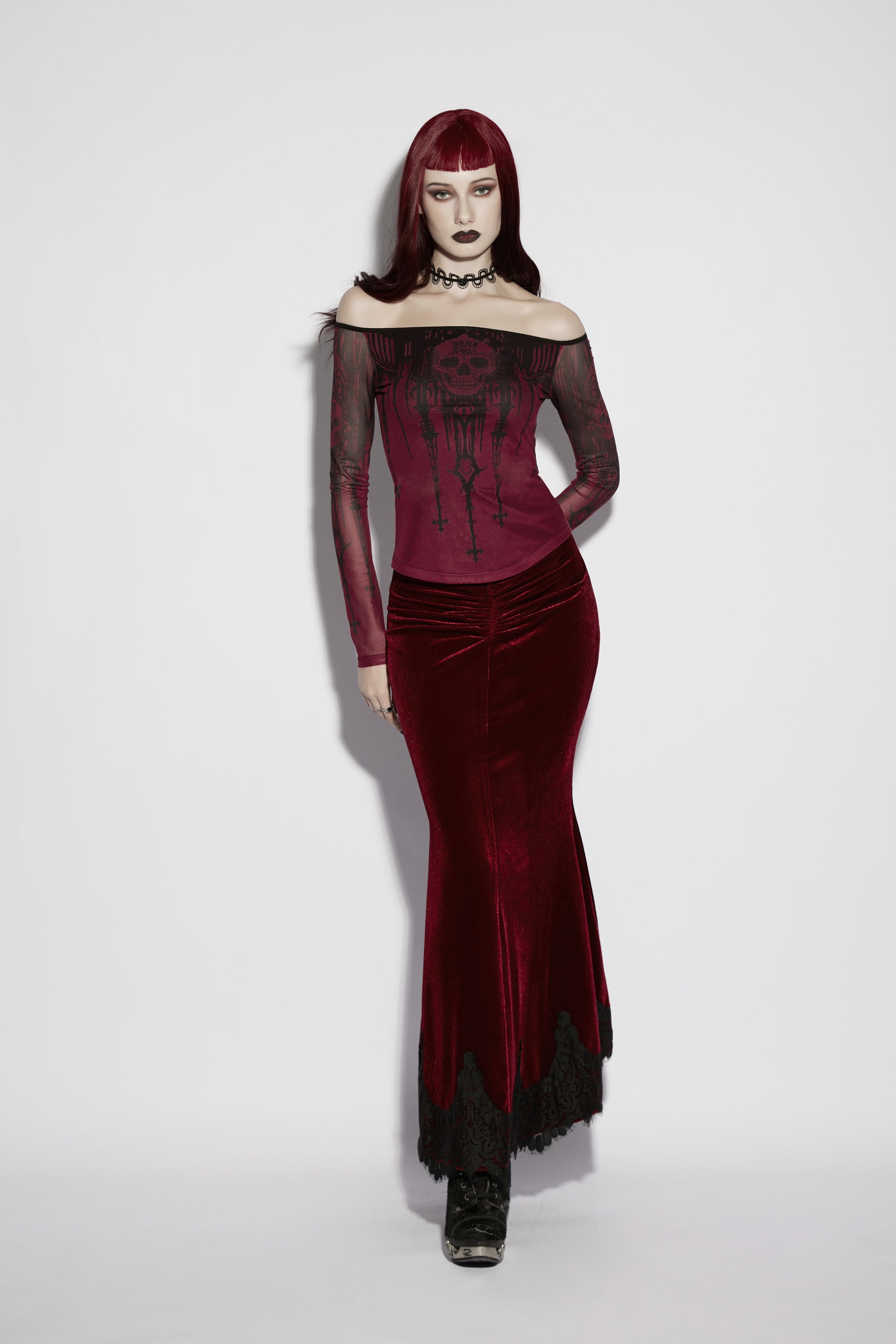 Punk Rave Morella Church Skull Blouse - Wine Red Mesh Off-Shoulder Top styled with mermaid skirt